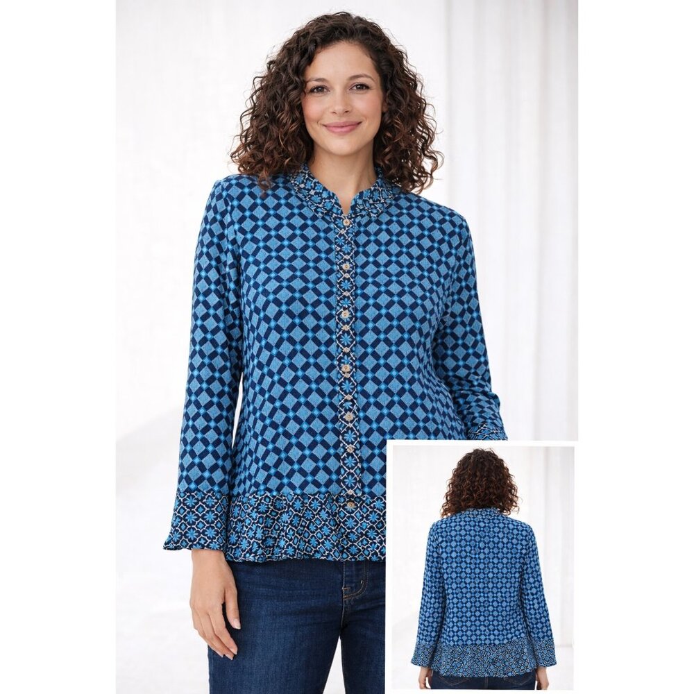 💎 Habitat Blue Geometric Print Blouse Artsy Flounce Sleeve M 💎